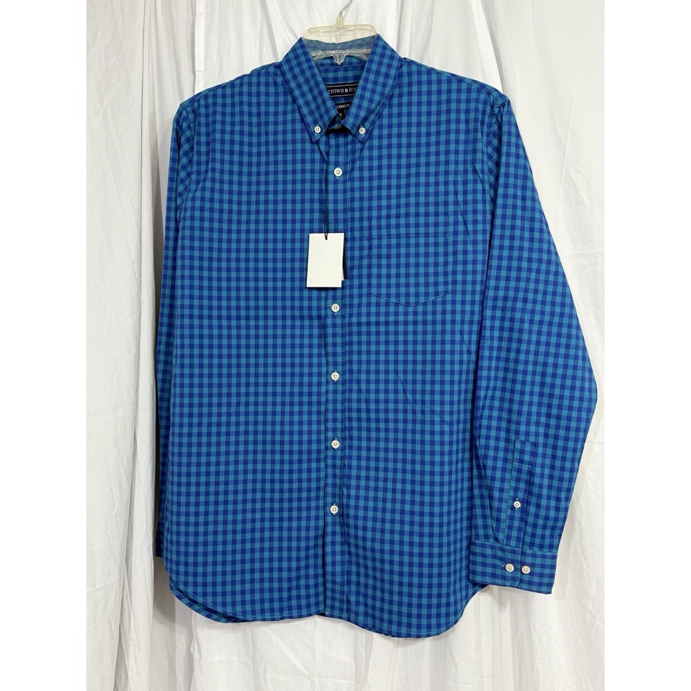 NWT Crown&Ivy Men's SzM Long Sleeve Button Down Shirt Blue‎ Plaid Cotton Spandex - Picture 2 of 16